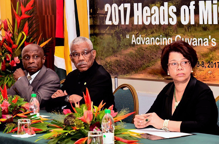 Minister of Foreign Affairs, Carl Greenidge; President David Granger and Ambassador Audrey Waddell , Director General of the Foreign Affairs seated at the head table during the opening ceremony of the conference