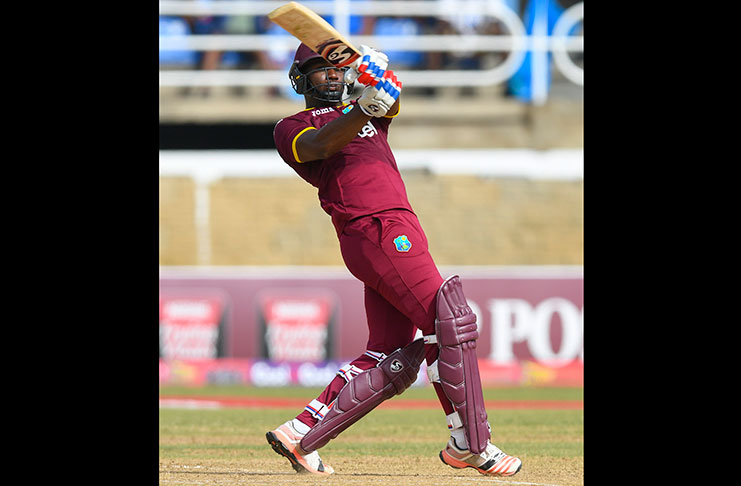 Evin Lewis smashes one of his nine sixes during his pugnacious 91 in a West Indies victory over Pakistan on Saturday at Queen’s Park Oval in Trinidad. (Photo: WICB Media/Randy Brooks of Brooks Latouche Photography)
