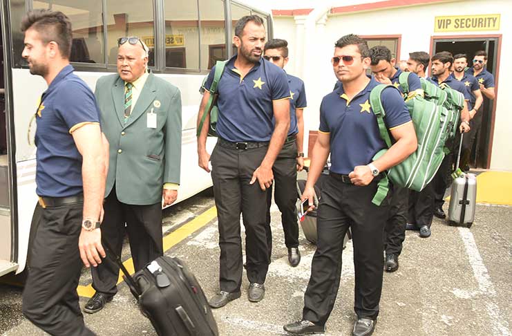 Pakistani players arriving at the Cheddi Jagan International Airport on Monday (Adrian Narine photo)