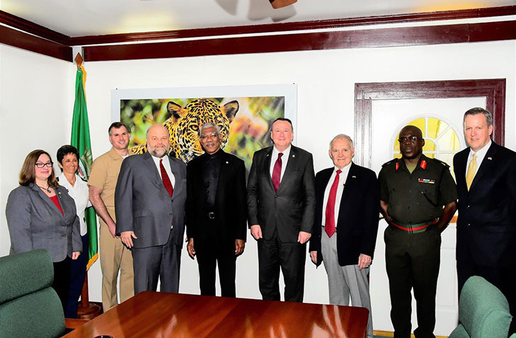 From left: Ms. Katherine O’Ryan, Colonel Claudia Carrizales, Chief Military Liaison Officer at the US Embassy in Georgetown, Mr. Michael White, Ambassador Perry Holloway, President David Granger, Director, Mr. Mark Wilkins, Coordinator, Major General (ret), Richard Goetze, Brigadier Patrick West and  Mr. Darryl Long