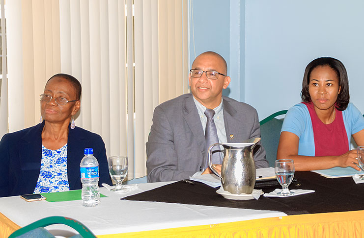 Geraldine Maison-Halls, Coordinator of the Rehabilitation Assistant Training Programme; Disability and Rehabilitation Services Director Ariane Mangar, and WHO Health Services and Systems Advisor Paul Edwards