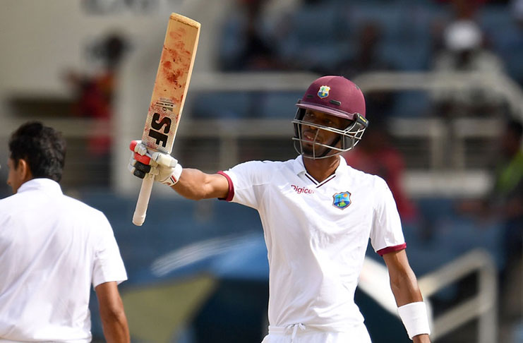 Roston Chase salutes the crowd at Sabina Park after reaching his second Test half-century yesterday. (Photo courtesy WICB Media)