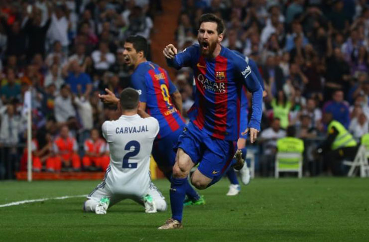Barcelona's Lionel Messi celebrates scoring their third goal Reuters / Stringer Livepic