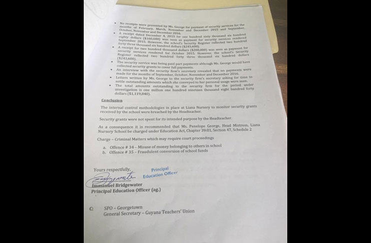 The letter which recommends charges for Liana Nursery School head-teacher for misappropriation of school funds