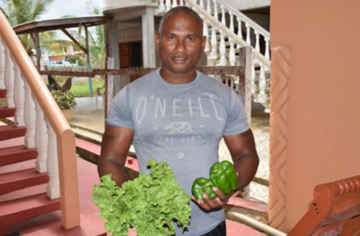 Dhaniram Ramchand, Local agriculture producer (farmer) with a sample of the crops which he cultivates (bell peppers included)