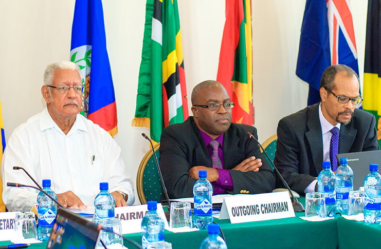 Members of the head table at yesterday’s meeting, from left; Minister of Agriculture, Noel Holder, Chief Technical Director in the Ministry of Agriculture and Fisheries of Jamaica, Dermon Spence and Executive Director of CRFM, Millington Haughton