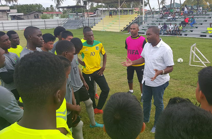 GFF president Wayne Forde addressing the National U-17 players before the start of their two-day scouting programme at the #5 Ground,West Berbice on Saturday.