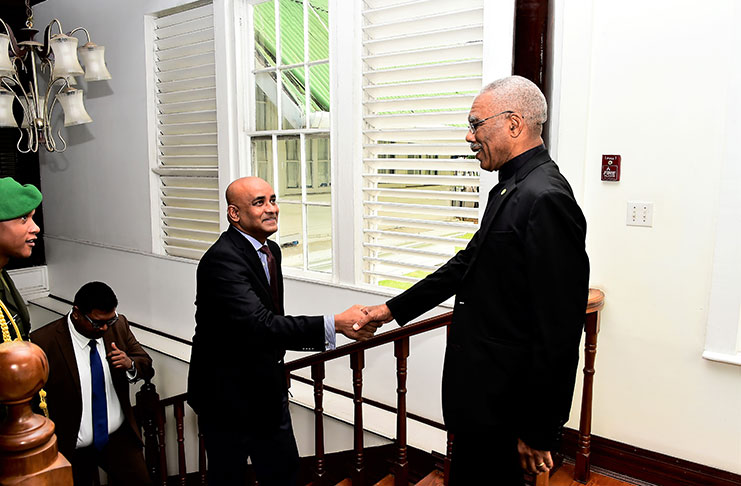 President David Granger greeting Leader of the Opposition, Mr. Bharrat Jagdeo