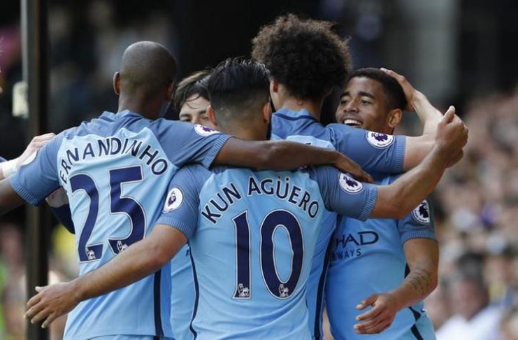 Manchester City's Gabriel Jesus celebrates scoring their fifth goal with team mates Reuters / Stefan Wermuth Livepic