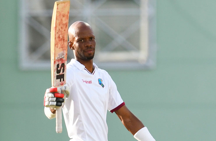 Roston Chase celebrates his second century of the series on the 5th and final day at Windsor Park, Dominica. (Photo by WICB Media/Randy) Brooks.