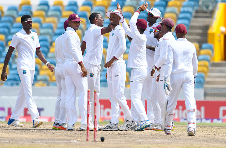 West Windies celebrate during the second Test at Kensington Oval.Brighto Paints presents