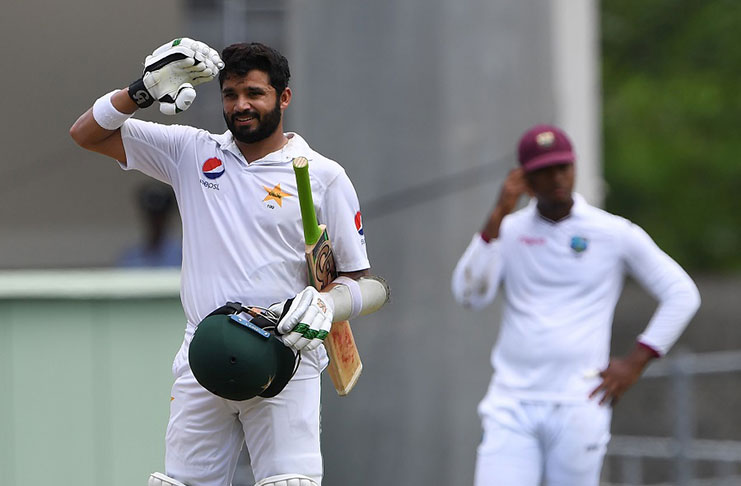 Azhar Ali does the salute again after reaching his 14th Test century, in Dominica.