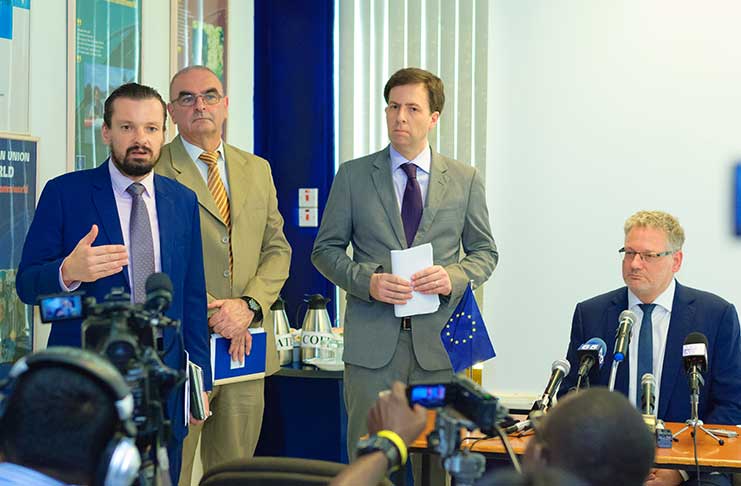 Head of the European Delegation to Guyana, Ambassador Jernej Videti? (right) looks on as another EU official makes a point during Thursday’s press briefing
