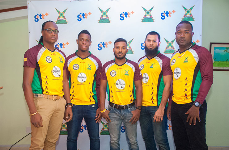 Some members of the Guyana Amazon Warriors (L-R) Steven Jacobs, Shimron Hetmeyer, Veerasammy Permaul, Assad Fudadin and Keon Joseph (Delano Williams photo).