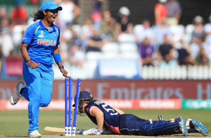 England’s Heather Knight becomes the first of four England players needlessly run out as India won the sides’ opening World Cup match by 35 runs. Photograph: Nigel French/PA