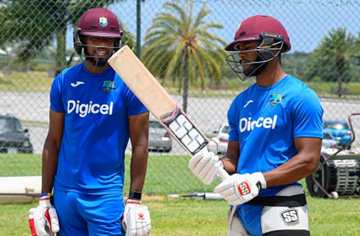 Kyle Hope (left) chats with his younger brother Shai during a practice session in preparation for the third ODI. (Photo courtesy CWI Media)