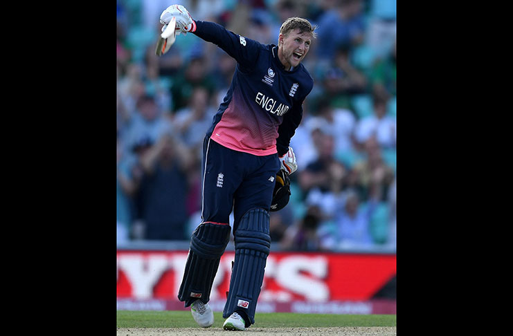 Joe Root celebrates his hundred against Bangladesh at  The Oval, yesterday.