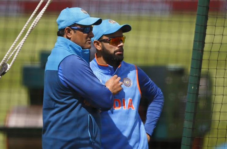 India's Virat Kohli and coach Anil Kumble (L) during nets at the Champions Trophy. (Action Images via Reuters/Peter Cziborra Livepic)
