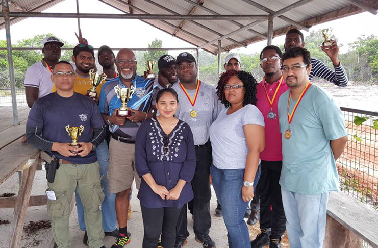 Participants at last Sunday’s Guyana NRA Smallbore practical shoot pose with their trophies and medals.