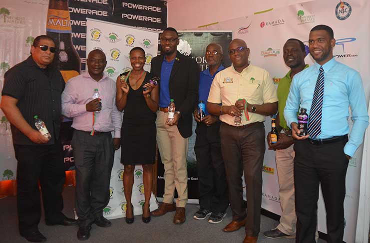 AP Invitational organiser Aliann Pompey (third from left) is flanked by representatives from a few of the sponsors.