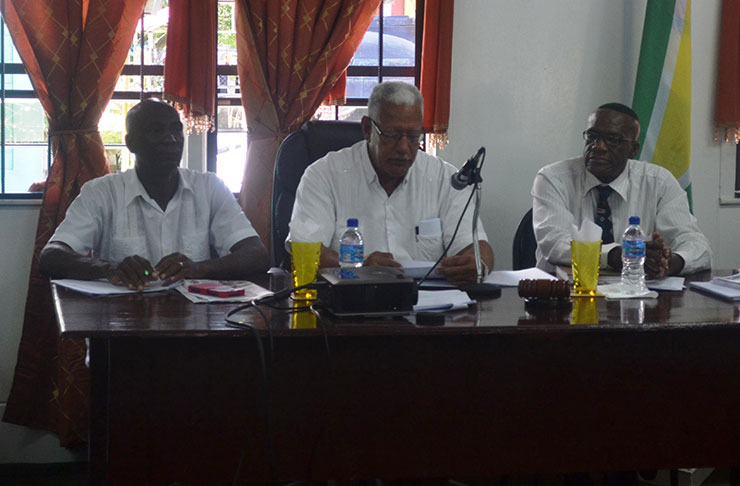 Agriculture Minister, Noel Holder, making his presentation in the presence of Region 10 Regional Chairman, Renis Morian (right) and another regional official (left)
