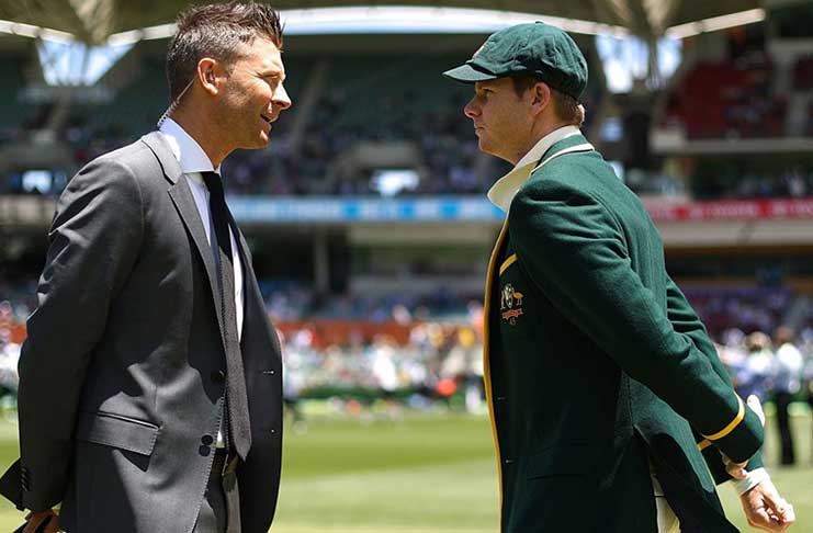 Ex-captain Michael Clarke and current skipper Steve Smith at Adelaide last summer // Getty