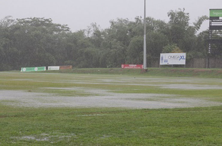 The water-logged outfield at the National Cricket Centre following heavy rains yesterday. (Photo courtesy CWI Media)