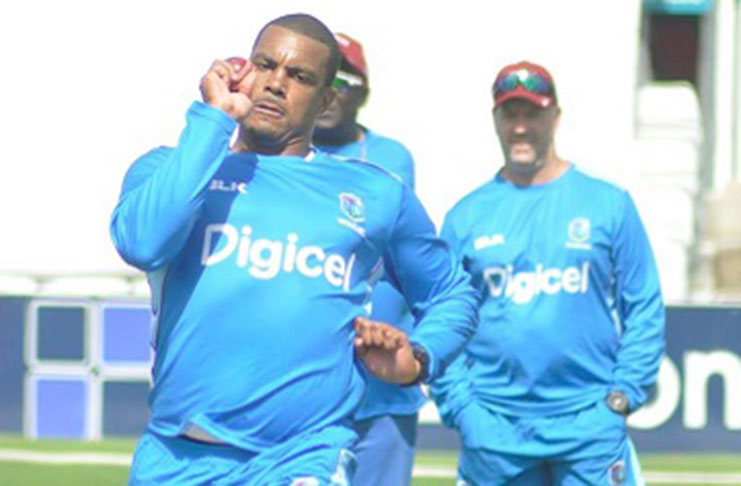 Fast bowler Shannon Gabriel prepares to send down a delivery during training at Chelmsford here Monday. (Photo courtesy CWI Media)