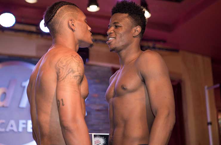 Simeon Hardy (right) and Eric Moon at their weigh-in