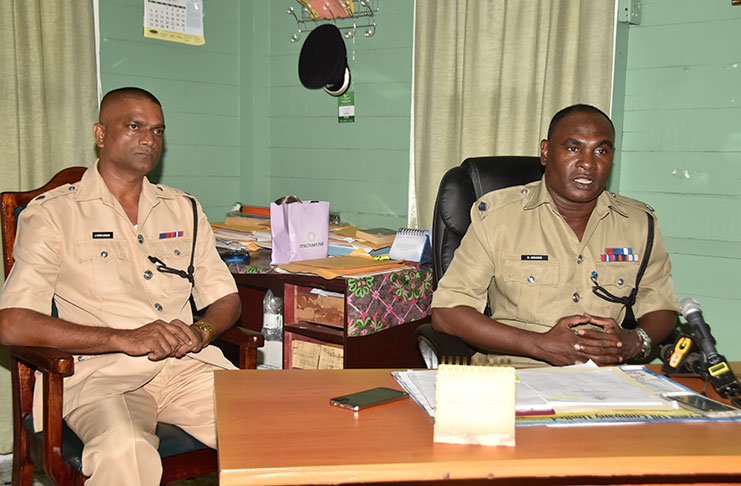 Police Public Relations Officer, Jairam Ramlakhan (left) and Traffic Chief Dion Moore speaking to members of the media on Wednesday (Adrian Narine photo)