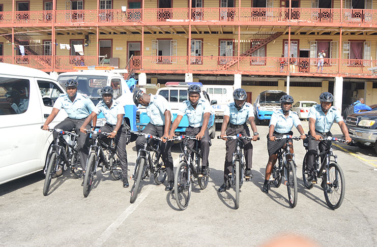 Bicycle patrols that were deployed at the Brickdam Police Station Monday