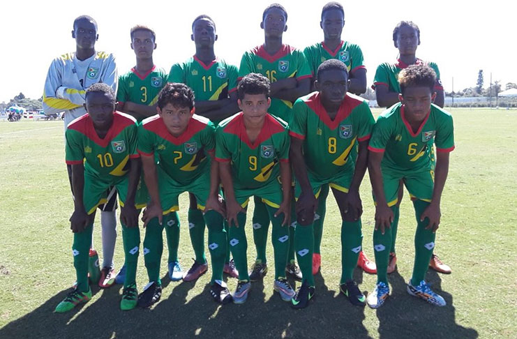 Guyana’s National U-15 team prior to kickoff against Puerto Rico yesterday in Florida, USA.