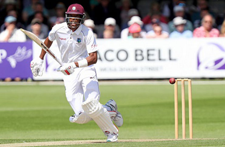 West Indies batsman Roston Chase gathers runs through the on-side in his top-score of 81 on the opening day of the three-day game against Essex on Tuesday. (Photo courtesy CWI Media)