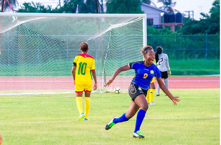 Barbados’ Tiana Sealy celebrating her goal in the 51st Minute against Guyana (Samuel Maughn photos)