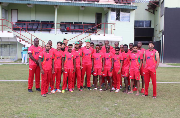 The Guyana Amazon Warriors squad and management unit after the final warm-up game on Tuesday at the Guyana National Stadium, Providence.