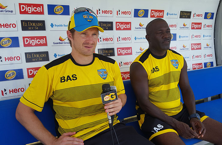 St Lucia Stars captain Shane Watson (left) and coach Stuart Williams during yesterday’s pre-match press conference.  (Photo: Adrian Narine)