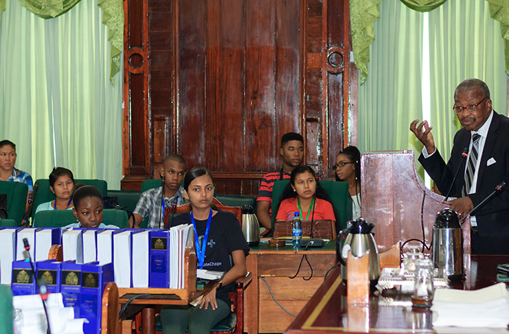 Speaker of the National Assembly, Dr. Barton Scotland, addressing the Youth Parliament on Monday during its opening ceremony.