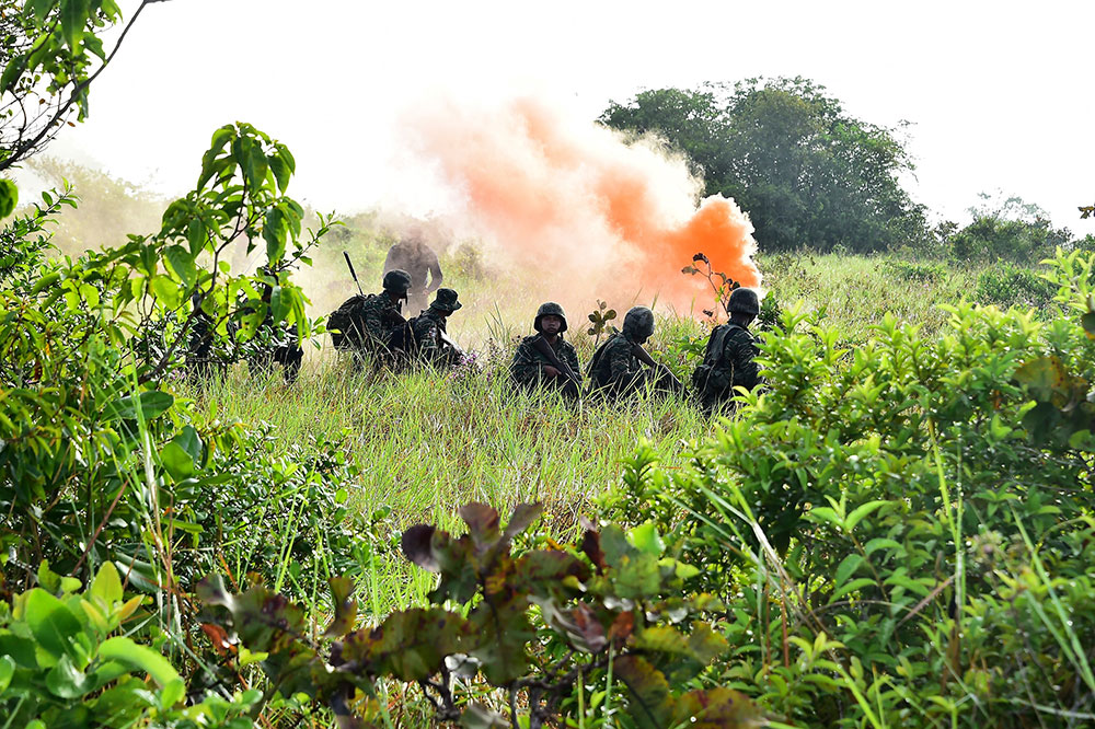 Guyana Defence Force soldiers in combat mode during exercise IRONWEED held at Tacama on Friday (Ministry of the Presidency photo)