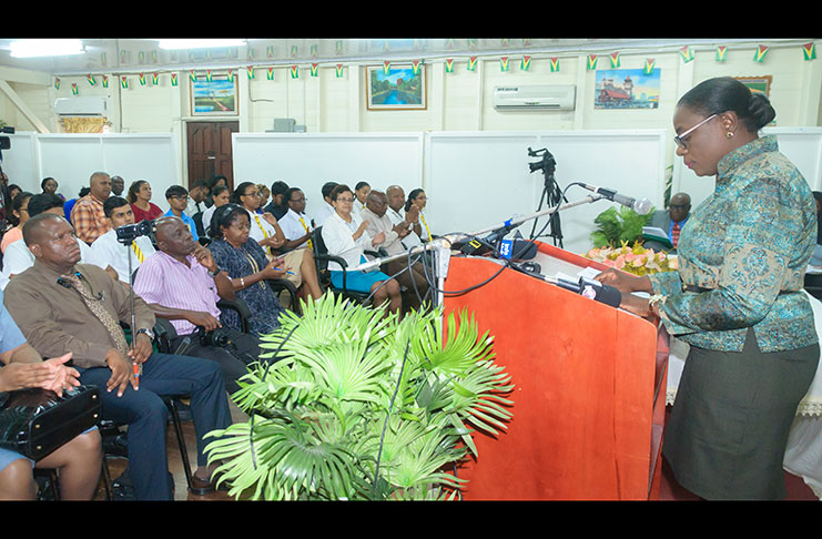 Minister of Education Nicolette Henry addressing the media and other stakeholders on Tuesday (Delano Williams photo)