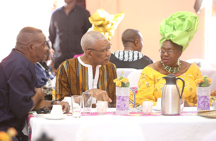 President David Granger in conversation with Pastor Jason Yorrick of the Glory Light Tabernacle and Demerara/Mahaica Region (Region Four) Regional Democratic Council Chairman, Ms. Genevieve Allen at Tuesday morning's Sunrise Worship Breakfast