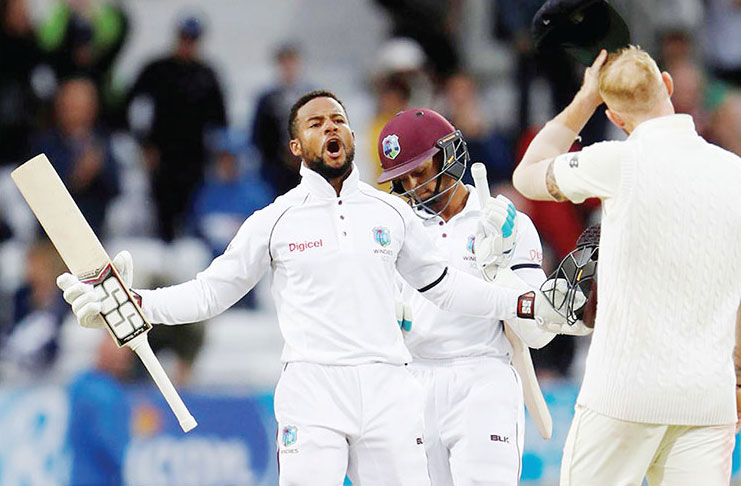 Shai Hope celebrates after leading West Indies to a dramatic test match victory against England at
Headingley on the final day of the second test to level the series (Reuters photo)