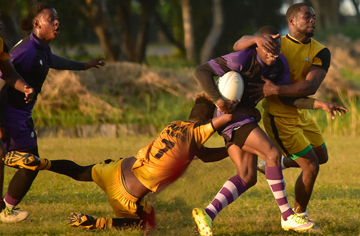 Part of the action between the Panthers’ 39 – 0 win over the Yamaha Caribs in the GRFU Bounty Farm 15s.