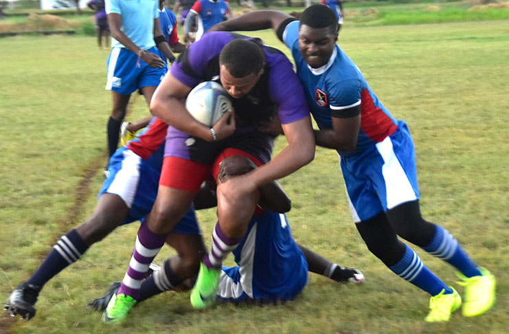 Panthers’ Rondel ‘Bull’ McArthur bullies his way during last weekend’s clash against the Police at National Park in the Bounty Farm 15s tournament. (Adrian Narine)