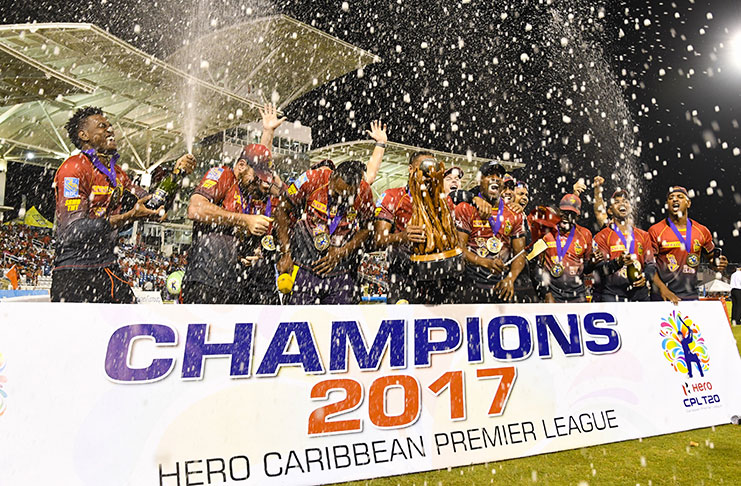 Trinbago Knight Riders celebrate their capture of the 2017 Caribbean Premier League title on Saturday night.