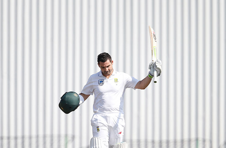 Dean Elgar brings up his ninth Test century and his celebration is understandably subdued.