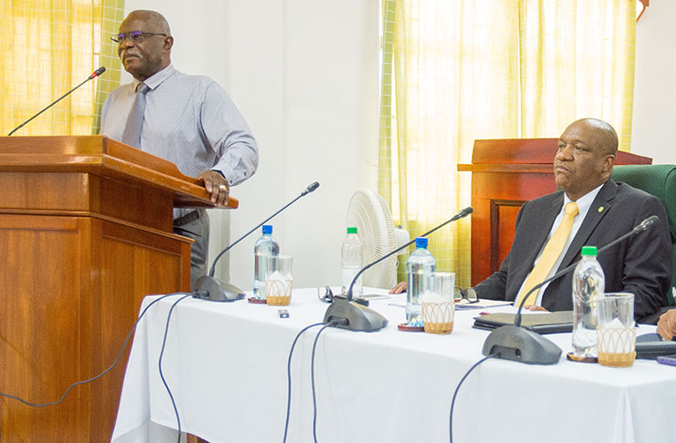Citizenship Minister, Winston Felix and Minister of State Joseph Harmon, speaking with reporters at the post-Cabinet media briefing on Thursday (Samuel Maughn Photo)
