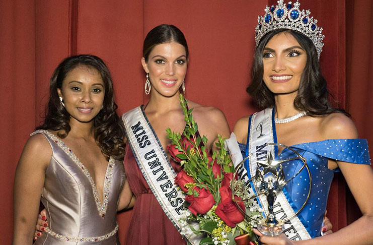 Miss Universe Guyana Organisation National Director, Jyoti Hardat (left) with Miss Universe, Iris Mittenaere (centre) and the Miss Universe Guyana 2017 winner, Rufieya Husain (Photo courtesy Miss Universe Facebook page)