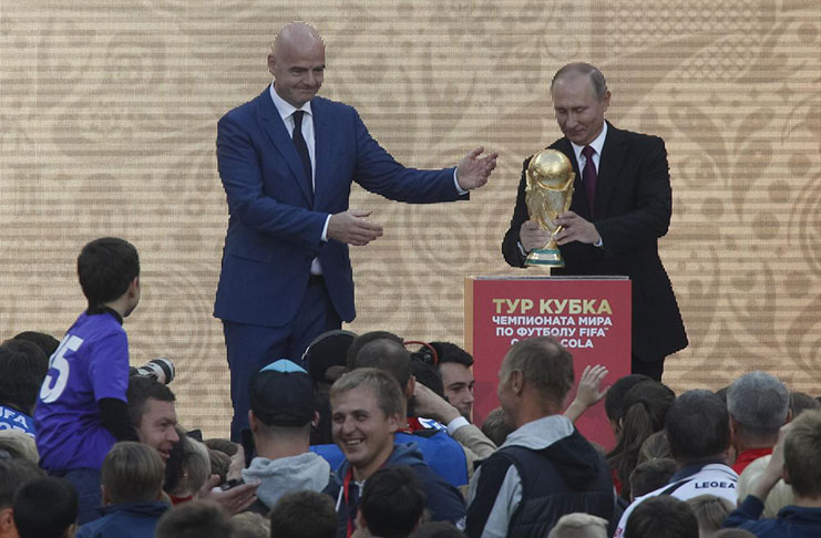 FIFA President Gianni Infantino and Russian President Vladimir Putin attend the FIFA World Cup Trophy Tour kick-off ceremony at the Luzhniki Stadium which will host matches of the 2018 FIFA World Cup, in Moscow, Russia September 9, 2017. REUTERS/Maxim Shemetov