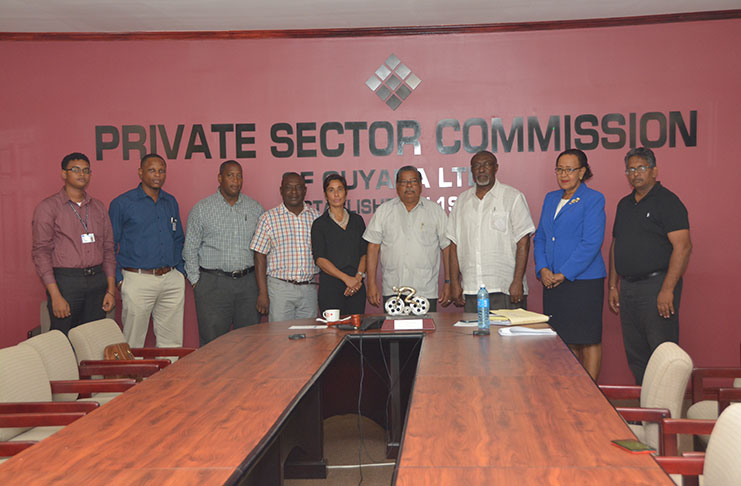 Colonel Chabilall Ramsarup, Director General of the CDC; Mr. Desmond Sears, Chairman of the Private Sector Commission; Ms. Elizabeth Alleyne, Executive Director of the PSC, and the representatives from some of the organisations during the handing over of the donations