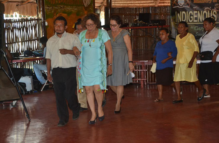 First Lady Sandra Granger and Minister within the Ministry of Indigenous Peoples’ Affairs, Valerie Garrido-Lowe being escorted by the Alleluia group at the Inter-Faith Service at the Heritage Village, Sophia